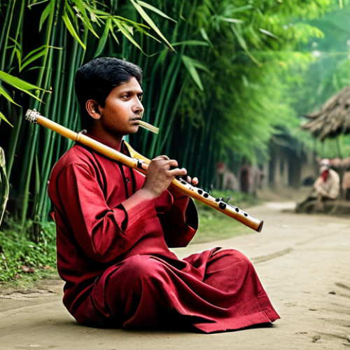 Home 14 Flute Player in a Rural Setting**
"A fully clothed musician playing a bamboo flute in a serene rural village in Bengal, India. Modest traditional attire. Soft lighting. Safe for work, appropriate content, perfect anatomy, natural proportions, professional photography, family-friendly. Focus on the musician's peaceful expression and the surrounding natural beauty."
**