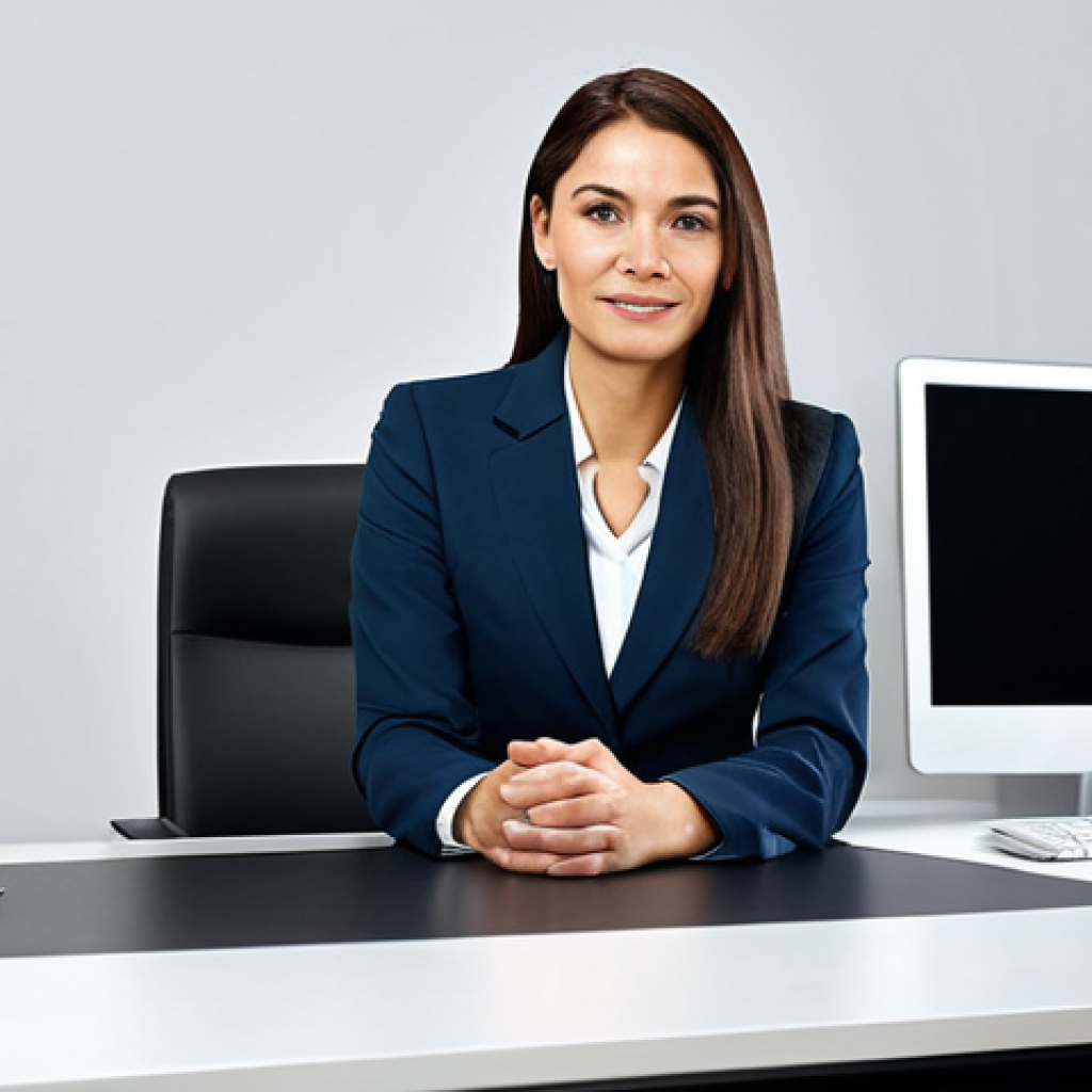 트럼펫 브랜드 비교 - "A professional businesswoman in a modest business suit, sitting at a desk in a modern office, fully...