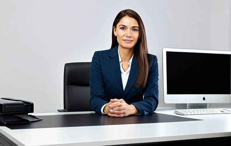 트럼펫 브랜드 비교 - "A professional businesswoman in a modest business suit, sitting at a desk in a modern office, fully...