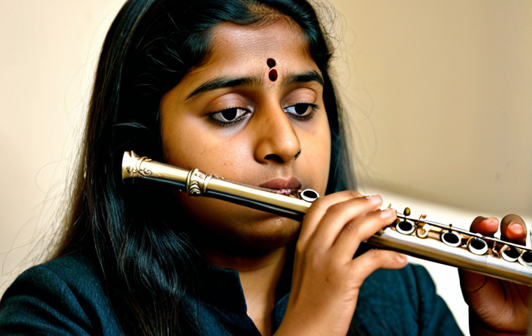 플룻 리페어 서비스 - **Prompt:** A close-up, highly detailed shot of a young adult Bengali flutist, a woman, her face etc...
