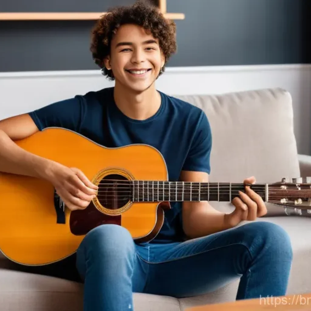 기타 연습 프로그램 - **A young adult, around 20 years old, with a bright smile, casually dressed in a t-shirt and jeans, ...