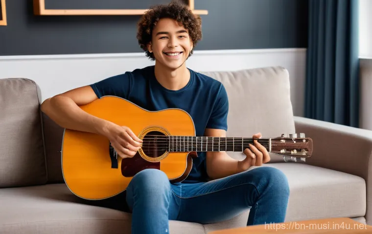 기타 연습 프로그램 - **A young adult, around 20 years old, with a bright smile, casually dressed in a t-shirt and jeans, ...