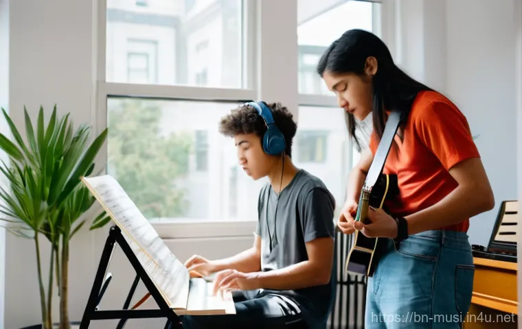 기타 듀오 곡 추천 - **Energetic Electric Duo on Stage:**
    "A dynamic electric guitar duo, two male musicians in their...