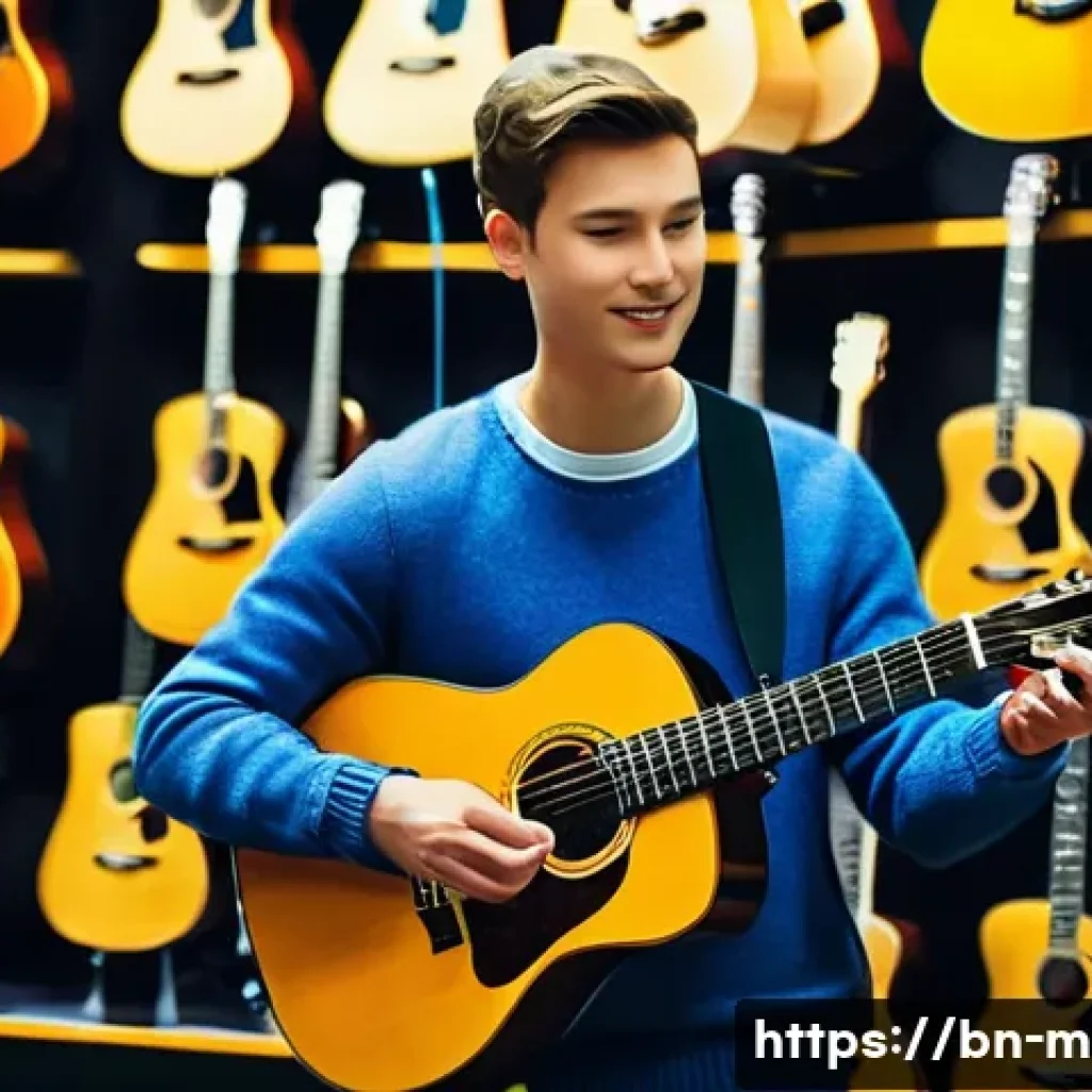 기타 핑거스타일 기법 - **Prompt:** A young adult, dressed in casual yet stylish clothing (like a sweater and jeans), standi...