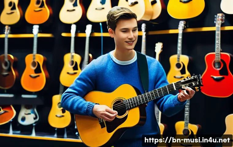 기타 핑거스타일 기법 - **Prompt:** A young adult, dressed in casual yet stylish clothing (like a sweater and jeans), standi...