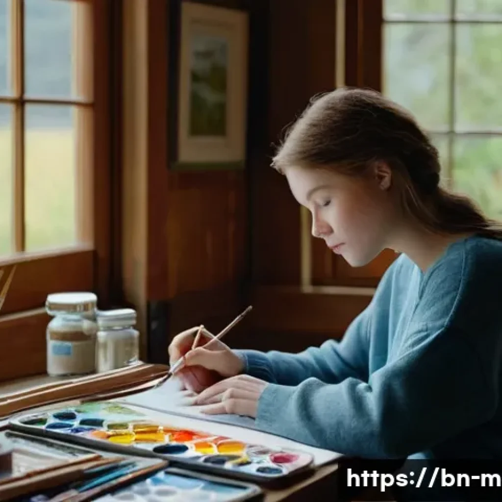 기타 취미의 장점 - **Serene Artistic Retreat:** A young woman, dressed in a comfortable and modest oversized sweater an...