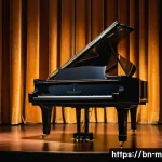 피아노 브랜드별 특징 - An opulent concert grand piano takes center stage in a dimly lit, elegant concert hall. The piano is...