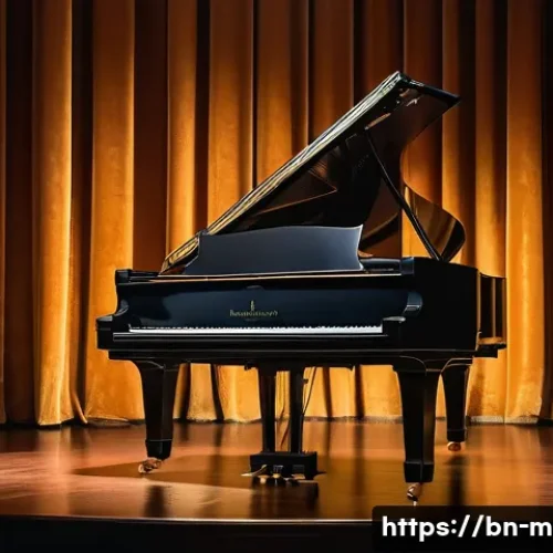 피아노 브랜드별 특징 - An opulent concert grand piano takes center stage in a dimly lit, elegant concert hall. The piano is...