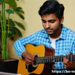 기타 학습 온라인 강좌 - A detailed scene of a Bengali young adult sitting comfortably in a cozy, well-lit room, learning gui...