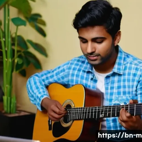 기타 학습 온라인 강좌 - A detailed scene of a Bengali young adult sitting comfortably in a cozy, well-lit room, learning gui...