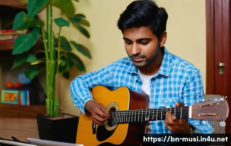 기타 학습 온라인 강좌 - A detailed scene of a Bengali young adult sitting comfortably in a cozy, well-lit room, learning gui...