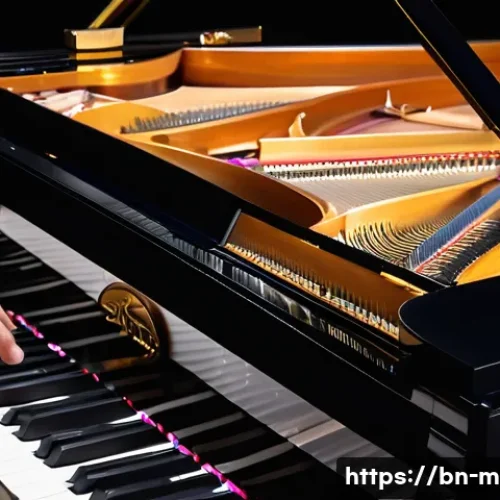 피아노와 키보드 차이 - A detailed scene showing a traditional grand piano in a classical concert hall setting, emphasizing ...