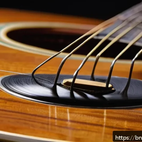 기타 줄 감는 방법 - A detailed, close-up image of an acoustic guitar laid flat on a wooden table, with the old guitar st...
