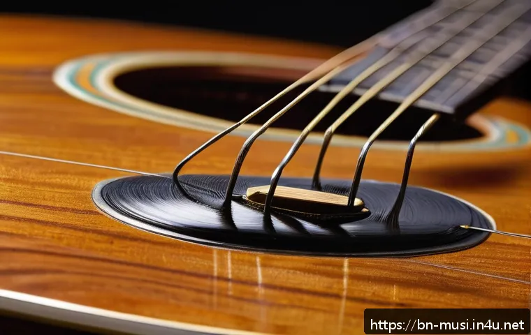 기타 줄 감는 방법 - A detailed, close-up image of an acoustic guitar laid flat on a wooden table, with the old guitar st...