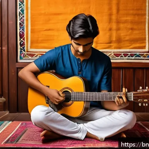 기타 트렌드 변화 - A young Bengali guitarist sitting cross-legged on a traditional colorful rug, practicing intricate f...