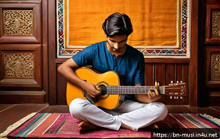 기타 트렌드 변화 - A young Bengali guitarist sitting cross-legged on a traditional colorful rug, practicing intricate f...