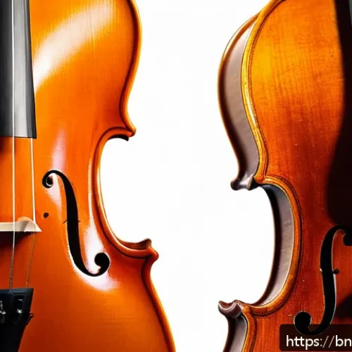 바이올린과 비올라 차이 - A detailed close-up of a violin and a viola side by side, highlighting the size difference with the ...