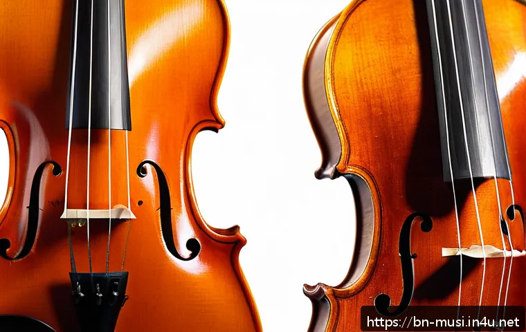 바이올린과 비올라 차이 - A detailed close-up of a violin and a viola side by side, highlighting the size difference with the ...
