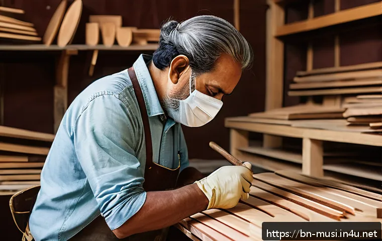 기타 제작 과정 - A detailed close-up of a guitar maker’s workshop focused on selecting various tonewoods such as spru...