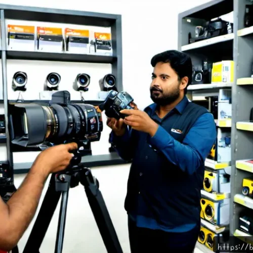 Home 30 기타 장비 대여 방법 - Photorealistic equipment rental shop in Bangladesh, a Bengali customer selecting a camera tripod, po...