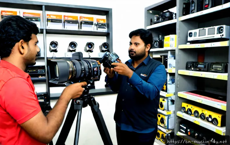 기타 장비 대여 방법 - Photorealistic equipment rental shop in Bangladesh, a Bengali customer selecting a camera tripod, po...