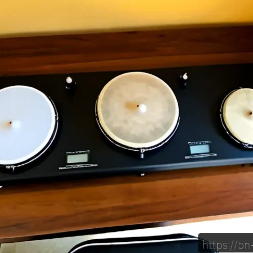 Home 17 드럼 연습 패드 추천 - Photorealistic overhead flat lay of three high-quality drum practice pads arranged on a warm wooden ...