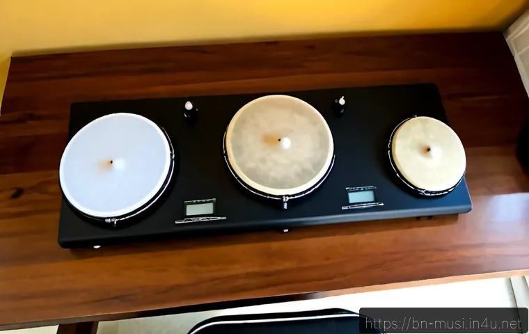 드럼 연습 패드 추천 - Photorealistic overhead flat lay of three high-quality drum practice pads arranged on a warm wooden ...