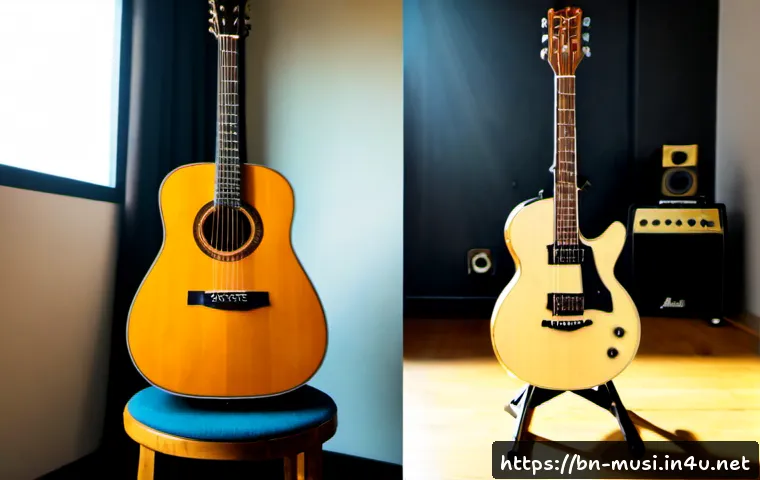 기타 음악 장르별 차이 - Photorealistic split-scene music studio comparison: an acoustic classical guitar on a warm wooden ch...