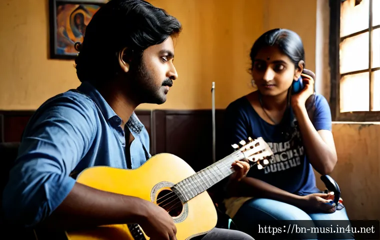 기타와 뮤지션 인터뷰 - Photorealistic editorial scene of a Bengali musician seated in a cozy Kolkata-style recording studio...