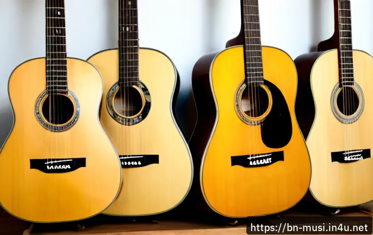기타 스트링 게이지 종류 - Photorealistic overhead comparison of several acoustic guitar string sets arranged by visible thickn...