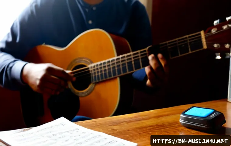 기타로 배우는 음악 이론 - Photorealistic close-up of a Bengali adult guitarist learning music theory through an acoustic guita...