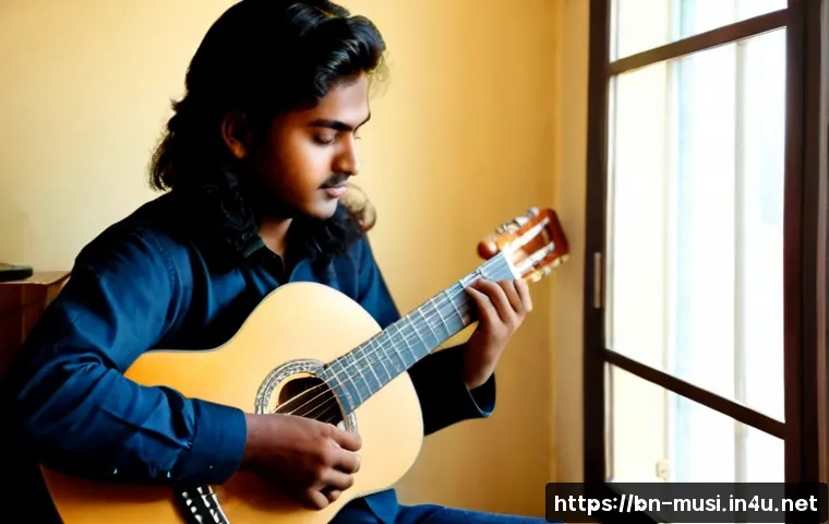 Home 17 기타 연습의 심리학 - Photorealistic scene of a Bengali young adult practicing acoustic guitar alone in a quiet sunlit roo...